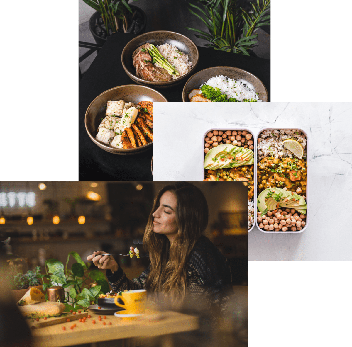 A women enjoying food , meals in storage container, and food bowls on a table